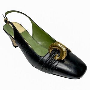 Gucci Double GG Logo Half Moon Slingback Pump Black Mid Block Heel Leather EU 36
